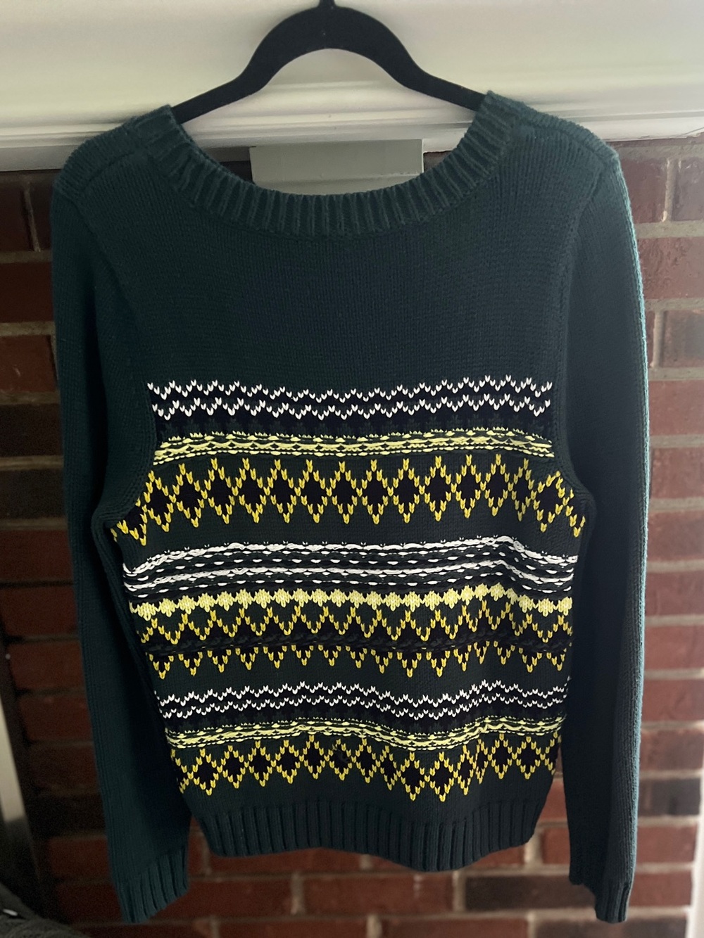 Talbots Dark Green Crewneck Sweater with Yellow & White Fair Isle Pattern